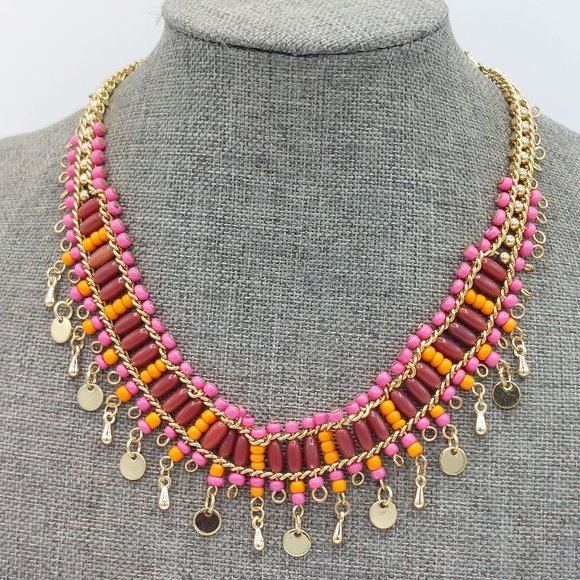 New Jewelry Box Necklace Bib Collar Beaded Orange Pink Metal Fringe Coin Charm - Picture 3 of 9
